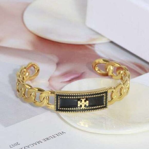 NWOT Tory Burch Chain Link Black,Gold Cuff Bangle Bracelet - Picture 1 of 8